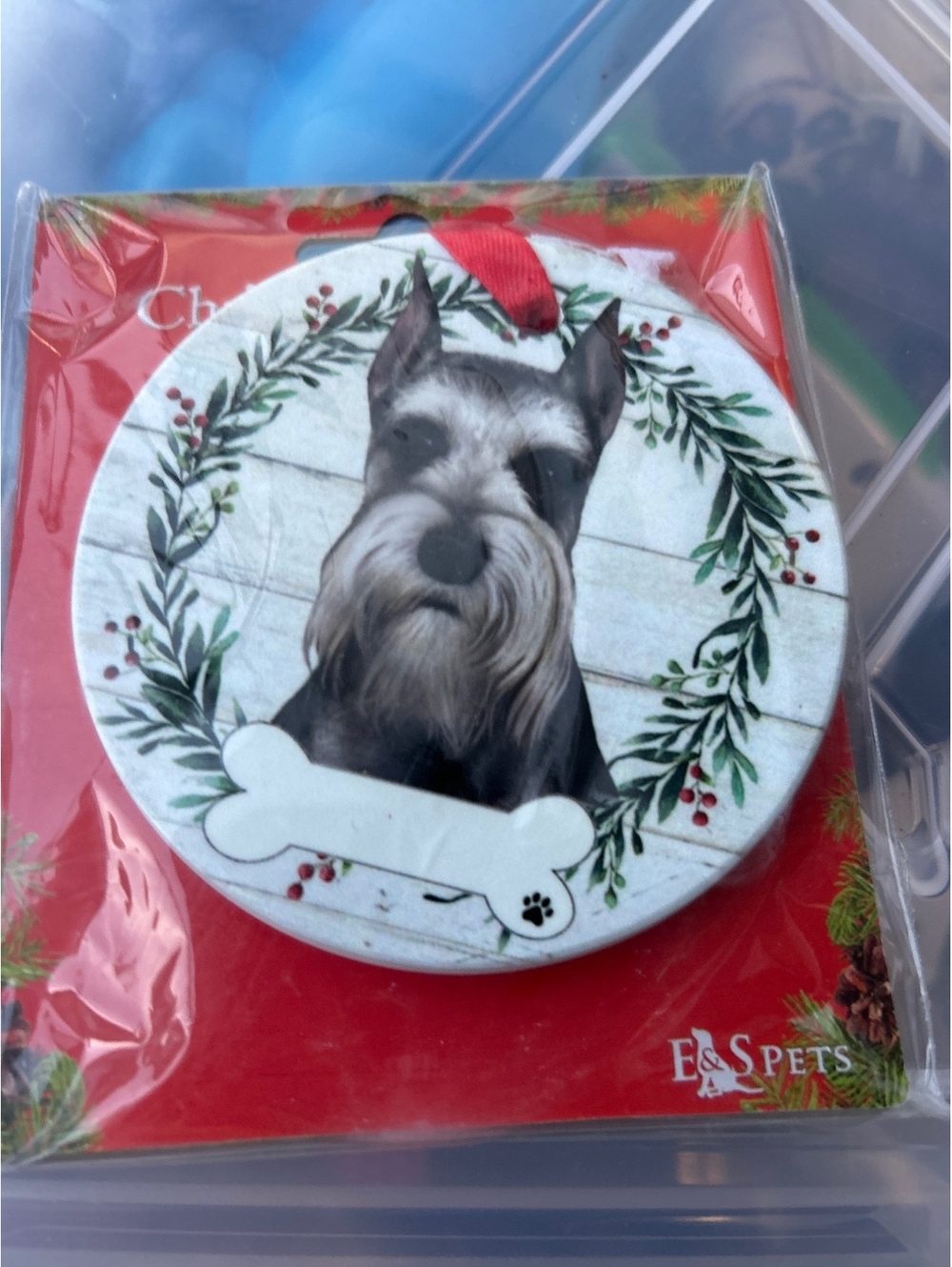 E&S Pets Schnauzer Christmas Ornament with Wreath and Bone Design